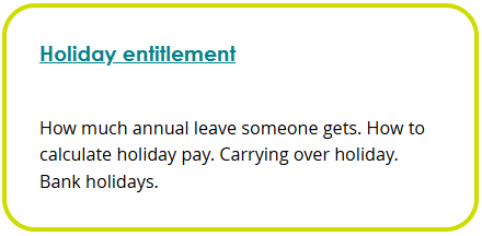 Screenshot of a landing page navigation box. The heading 'Holiday entitlement' is underlined as link text. The summary says 'How much annual leave someone gets. How to calculate holiday pay. Carrying over holiday. Bank holidays.'