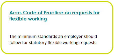 Screenshot of a landing page navigation box that links to an Acas Code of Practice. The heading 'Acas Code of Practice on requests for flexible working' is underlined as link text. The summary says 'The minimum standards an employer should follow for statutory flexible working requests.'