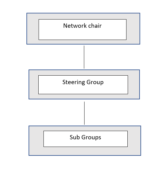 Diagram showing a network chair sitting above a steering group that sits above sub-groups.