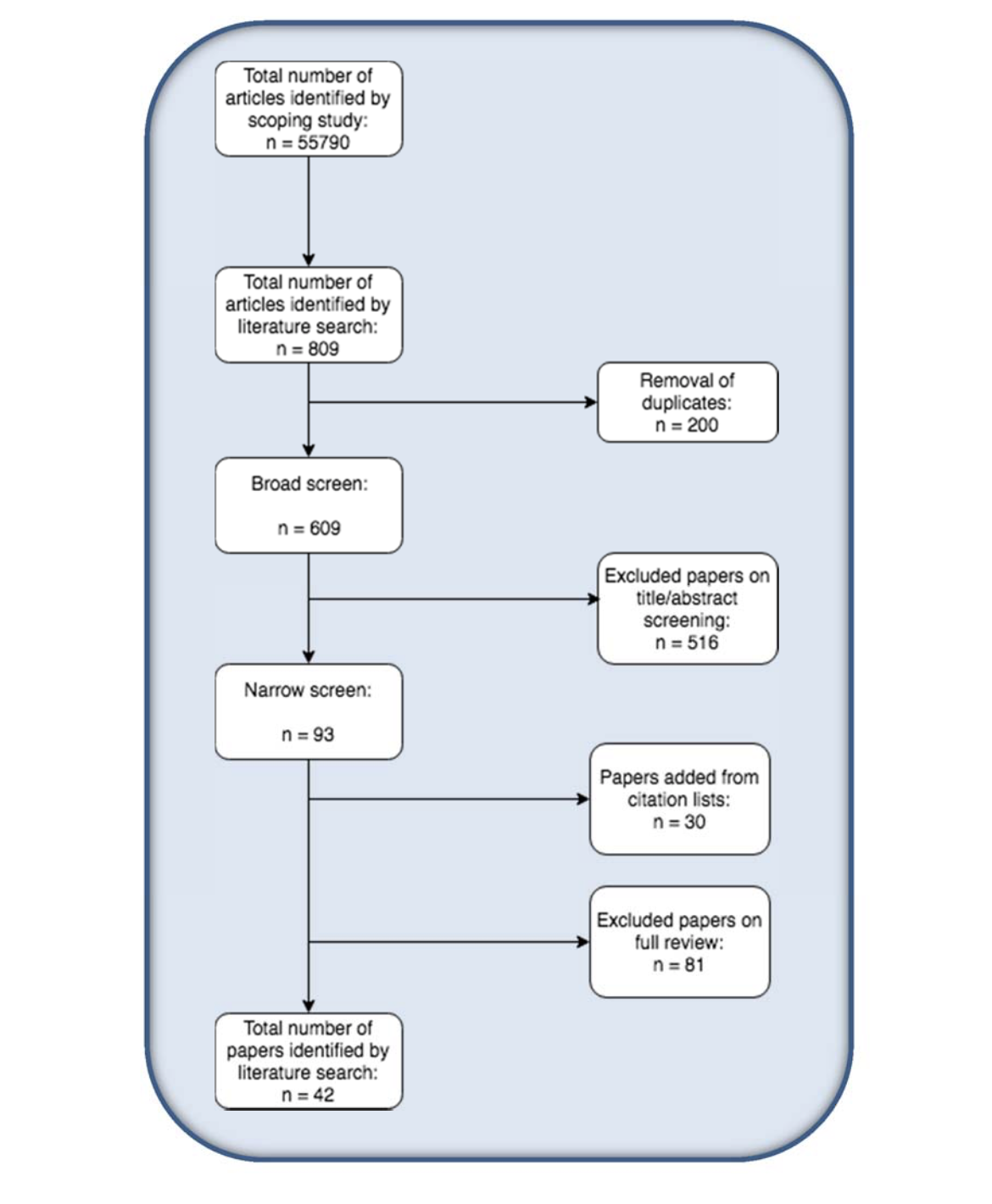 A summary of the literature search process and findings, showing that 42 papers were identified as satisfying the inclusion criteria.