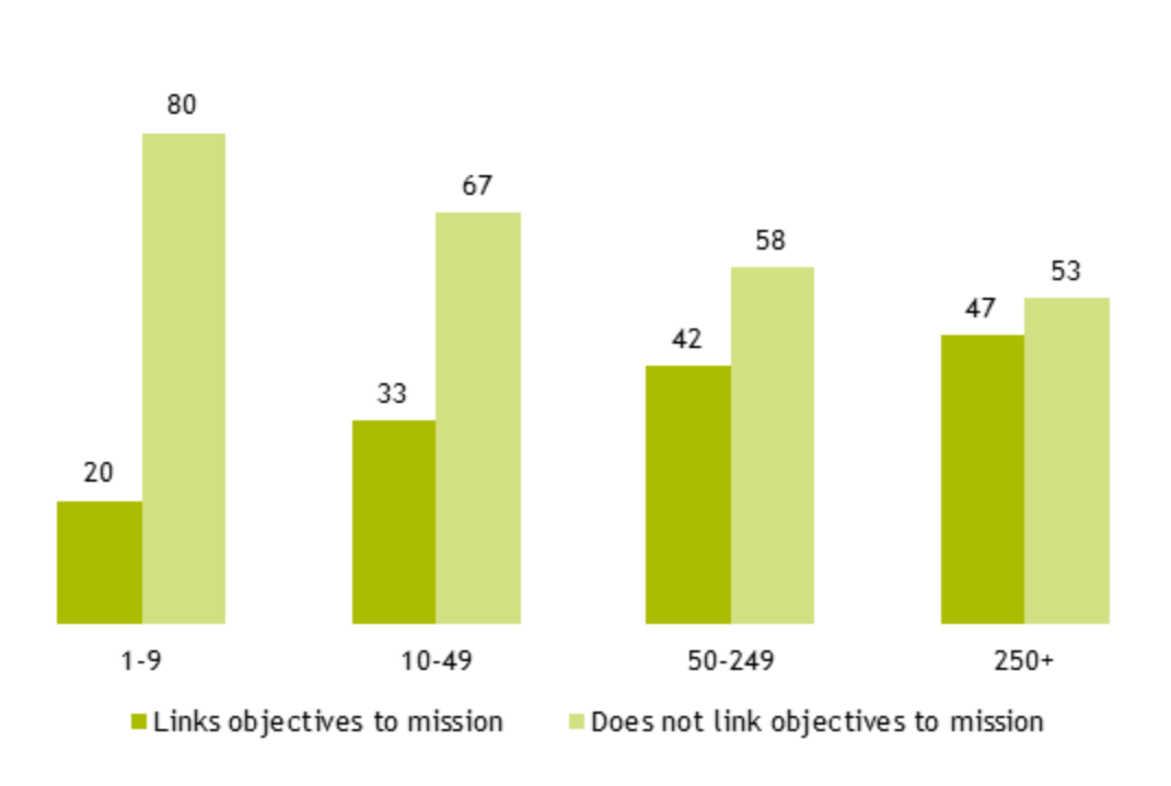 Figure 10: graph showing the proportion of organisations that link an individual’s objectives to the organisation’s overall mission by different organisational sizes (% of respondents