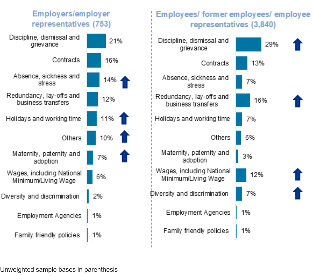 Bar charts showing main subject of query for employers and employees